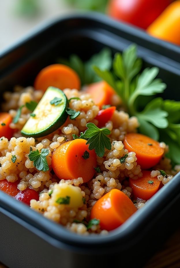 Colorful One-Pot Veggie Quinoa Stew loaded with nutritious ingredients, featuring carrots, zucchini, and fresh herbs.