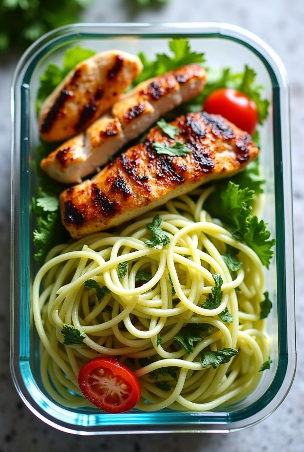 Paleo Zucchini Noodle Chicken Bowl with grilled chicken, spiralized zucchini noodles, and fresh herbs.