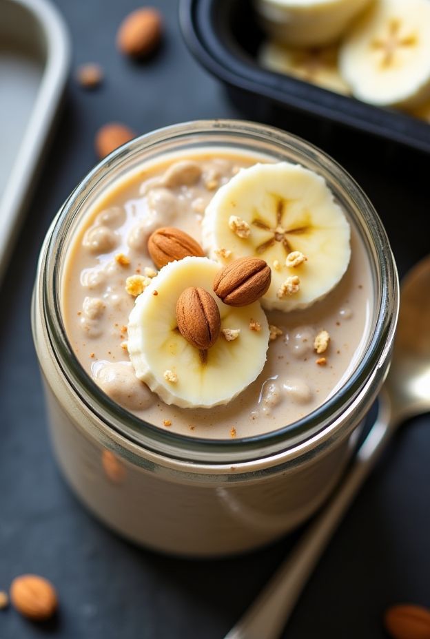 Nutritious peanut butter overnight oats with banana slices and almonds in a jar.