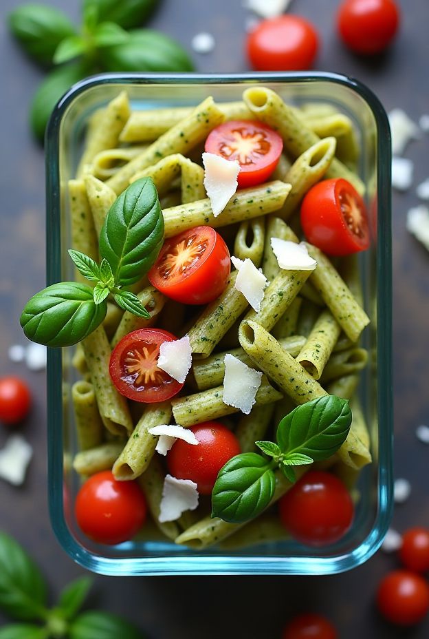 Healthy Pesto Pasta with Cherry Tomatoes, featuring vibrant colors and fresh basil for a nutritious meal prep option.