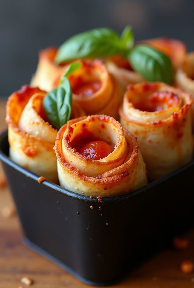 Savory Pizza Roll-Up Wraps filled with cheese, pepperoni, and topped with basil for a delicious snack or appetizer.