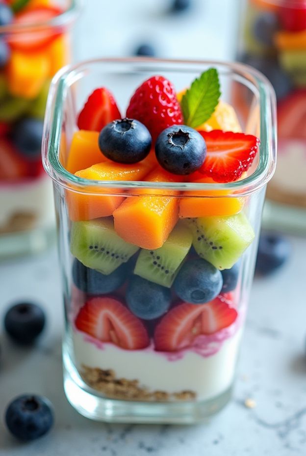A colorful layer of Rainbow Fruit & Yogurt Parfaits topped with fresh fruits and mint leaves.