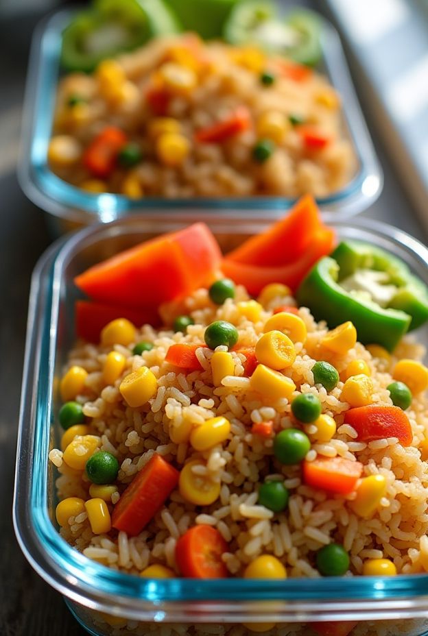 Rainbow Veggie Rice Boxes filled with colorful carrots, corn, peas, and bell peppers over a bed of rice.