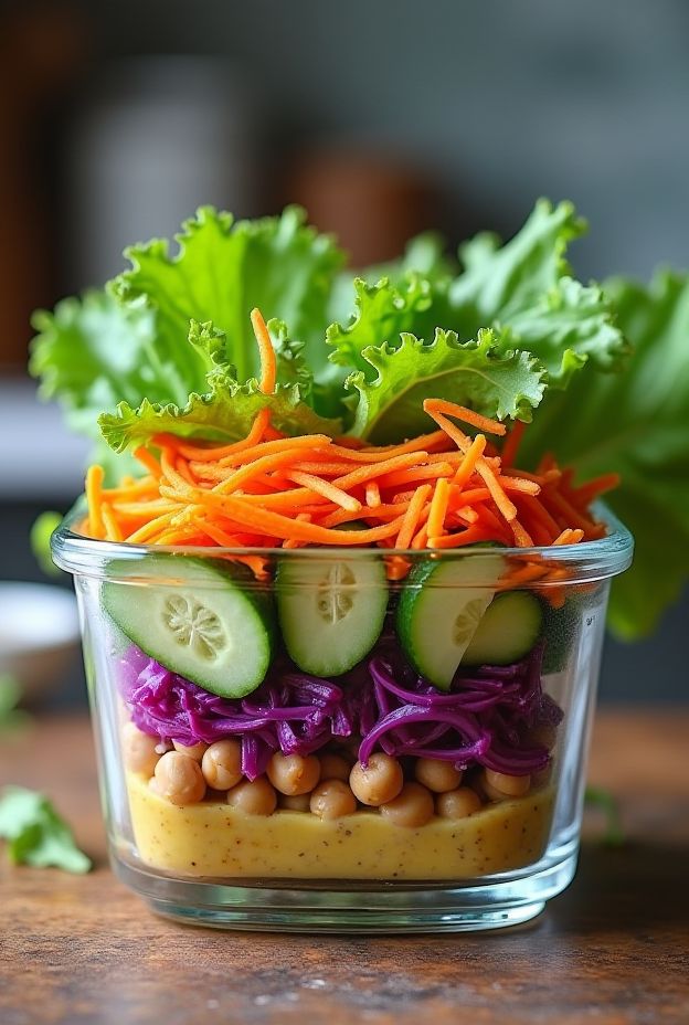 Colorful Rainbow Veggie Salad featuring chickpeas, purple cabbage, and light vinaigrette for a nutritious meal.
