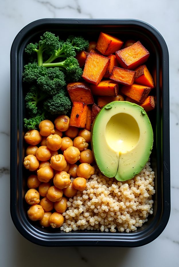 Roasted Chickpea & Veggie Power Bowl filled with quinoa, sweet potatoes, broccoli, and avocado in a meal prep container.