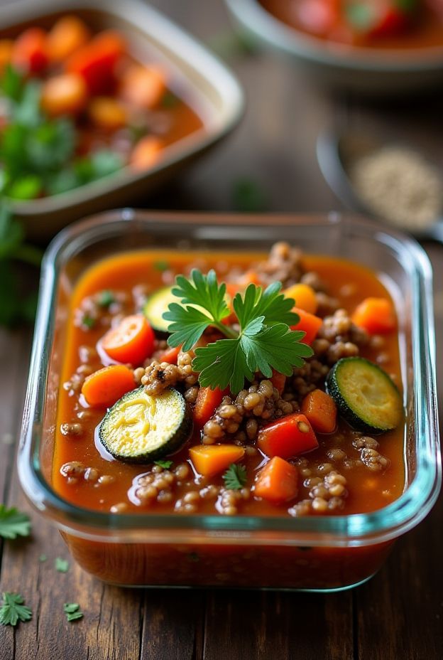 Roasted Vegetable Lentil Soup with zucchini, carrots, and bell peppers in a savory tomato broth.