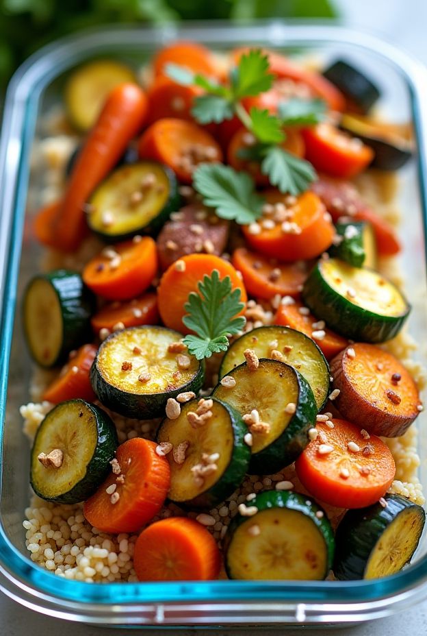 Colorful roasted veggie couscous bowls with carrots, zucchini, and eggplant garnished with fresh herbs.