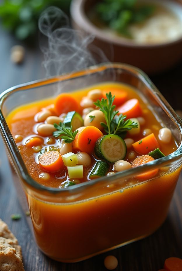 Rustic Vegetable Soup featuring carrots, celery, zucchini, and beans in a nourishing broth.