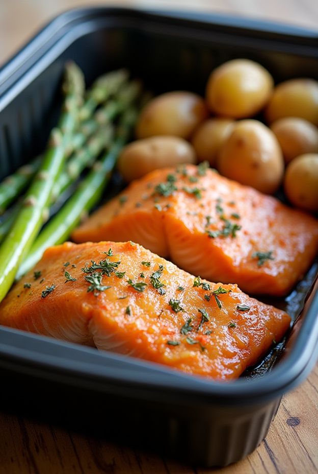 Nutritious salmon and asparagus with lemon garlic sauce, perfect for a healthy meal prep.