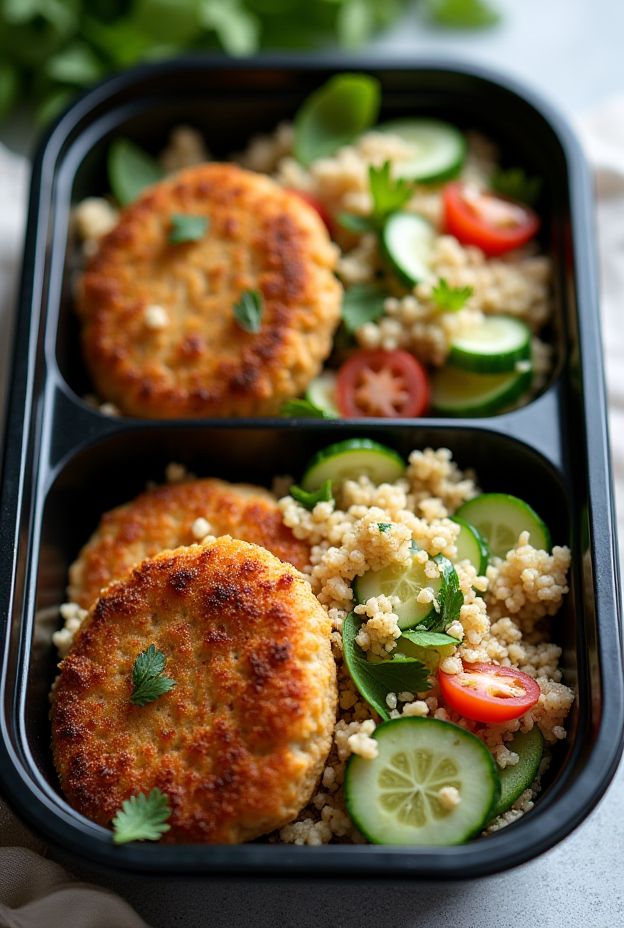 Oven-baked salmon patties with quinoa salad, cucumbers, and tomatoes in a meal prep container.