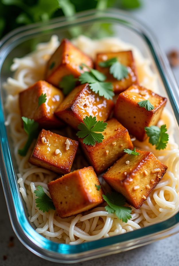 Crispy tofu with peanut sauce served over rice noodles garnished with cilantro.