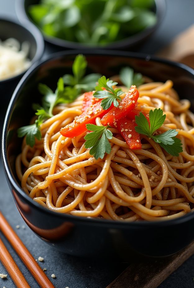 Soba Noodle and Veggie Toss in a bowl, featuring colorful vegetables and sesame oil dressing.