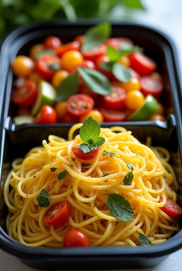 A vibrant serving of Spaghetti Squash Primavera, featuring roasted squash strands and colorful sautéed vegetables.