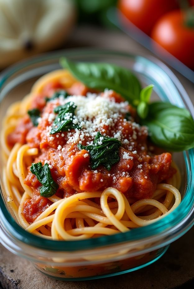 Healthy spaghetti in garlic tomato sauce with fresh spinach, topped with Parmesan cheese.
