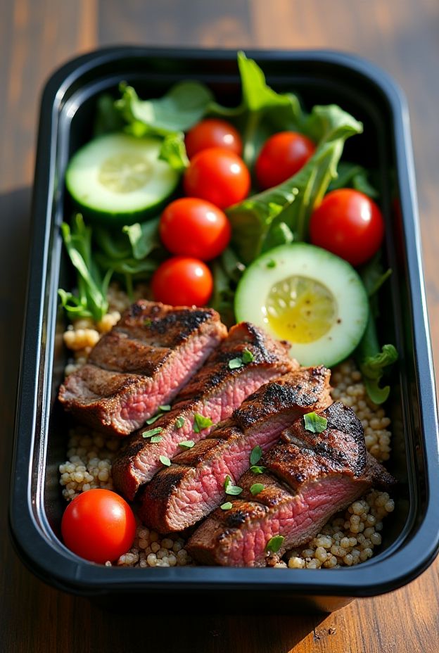 Steak & Quinoa Power Bowl featuring grilled steak, colorful vegetables, and nutritious quinoa.