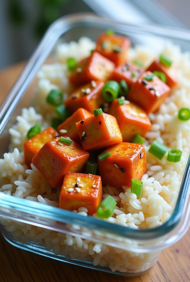 Sweet Chili Tofu Rice Bowls with crispy tofu, fluffy rice and green onions.