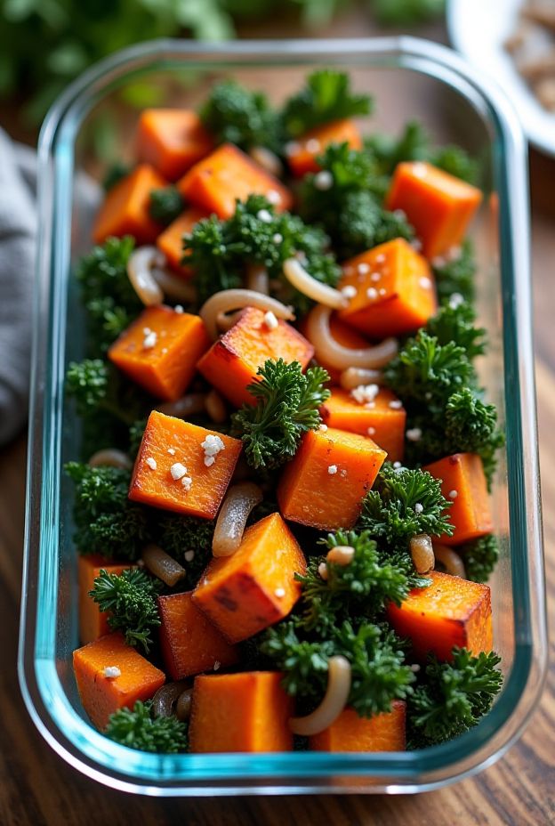 Sweet potato and kale hash recipe featuring colorful roasted sweet potato cubes and sautéed kale.