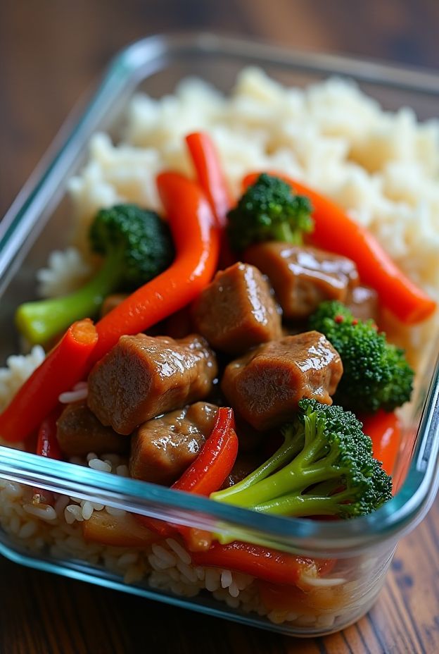 Teriyaki Beef Stir-Fry with colorful vegetables on a bed of rice, a nutritious meal prep option.