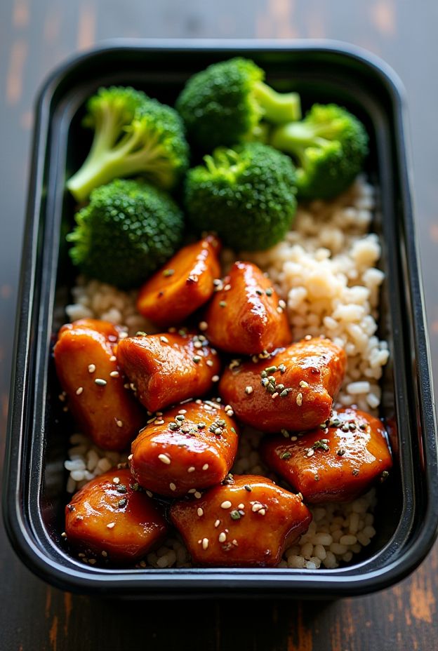 A nutritious meal of Teriyaki Chicken served with brown rice and broccoli, perfect for meal prep.
