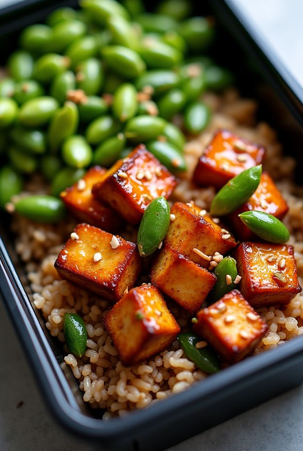 Teriyaki tempeh dish with edamame and brown rice, seasoned for a nutritious meal.