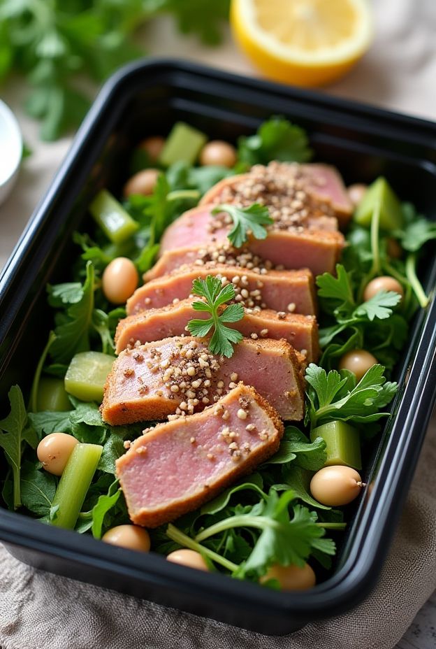 Healthy Tuna and White Bean Salad Box with arugula and celery, a perfect meal prep solution.