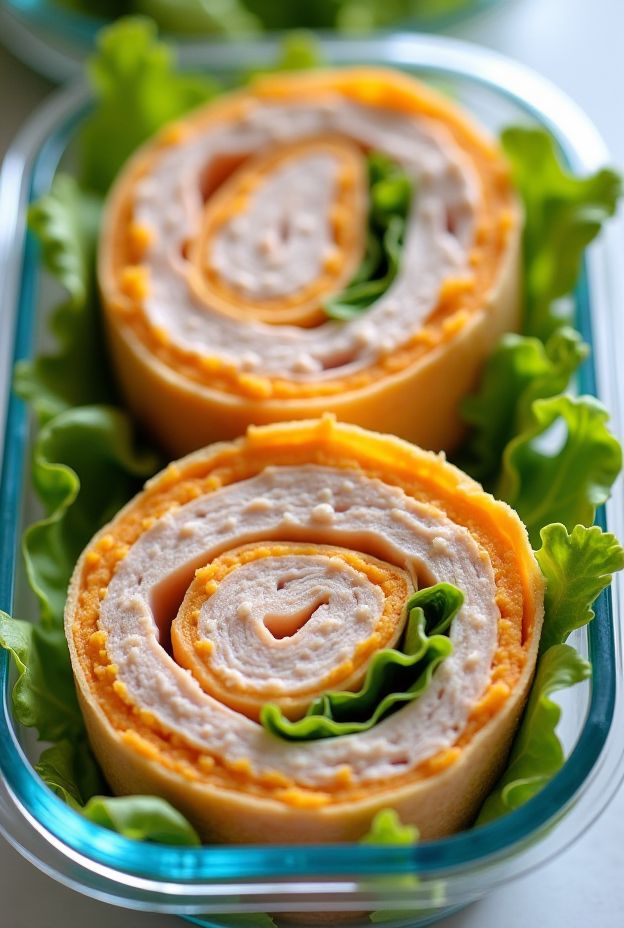 Turkey and cheese pinwheels made with tortilla wraps, lettuce, and cheese, perfect for meal prep.