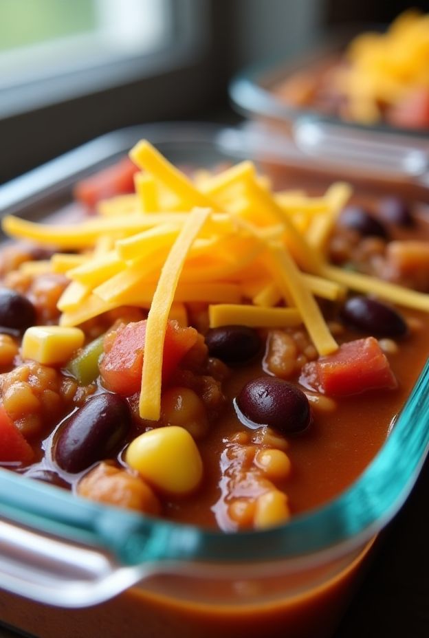 A delicious bowl of turkey chili featuring kidney beans, corn, and topped with shredded cheese for a hearty meal.