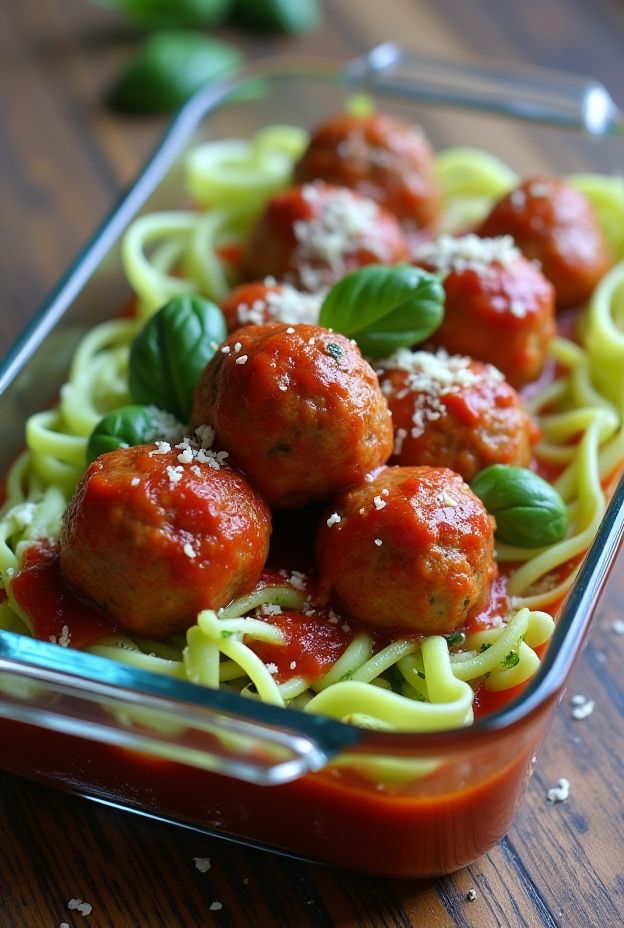 Turkey meatballs served over zoodles in marinara sauce, garnished with basil.