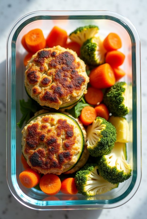 Turkey and zucchini patties served with a colorful medley of steamed vegetables including carrots and broccoli.