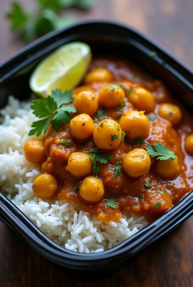 Vegan Chickpea Curry served over fluffy Basmati Rice with garnished cilantro and lime.
