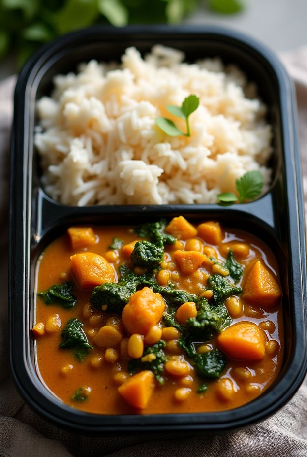 A vibrant Vegan Lentil & Spinach Curry served with fluffy rice, showcasing healthy ingredients in a delightful presentation.