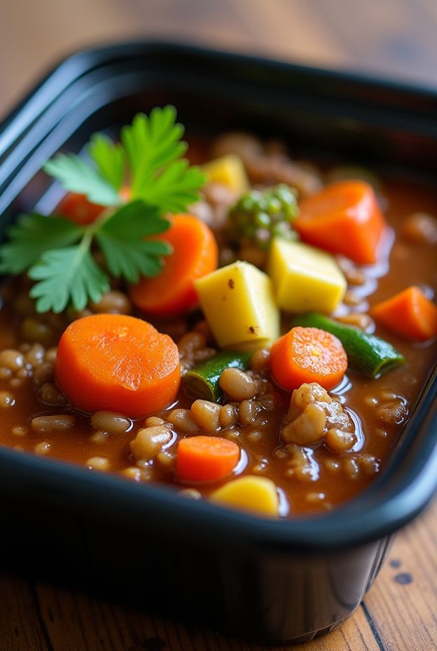 Colorful Vegan Lentil & Veggie Stew in a black container, vibrant carrots, potatoes, and peas mixed in rich broth.