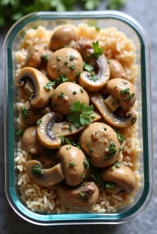 Vegan Mushroom Stroganoff with brown rice topped with parsley in a glass container, a comforting plant-based meal.