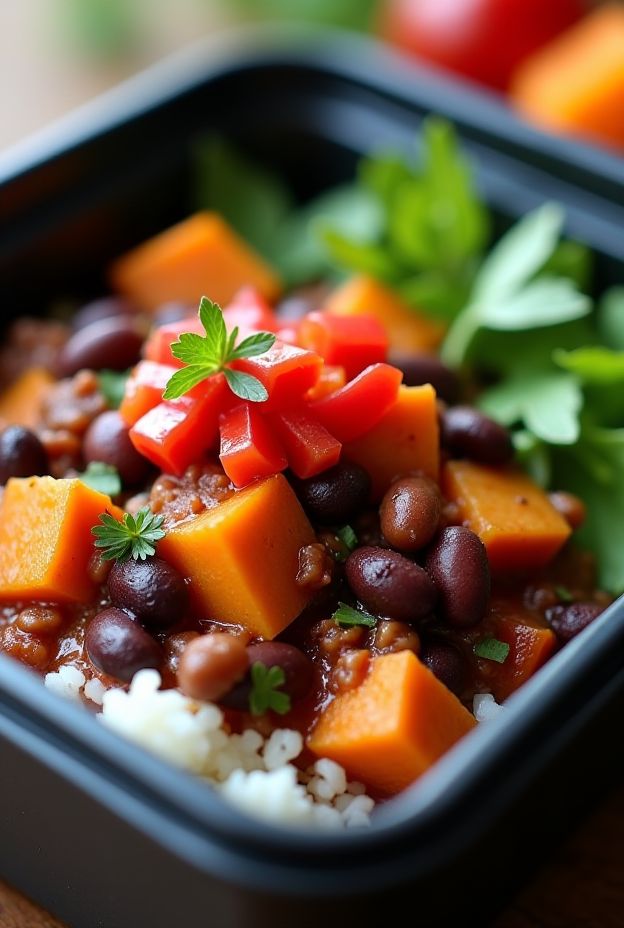 A bowl of delicious Vegan Sweet Potato & Black Bean Chili with fresh toppings.