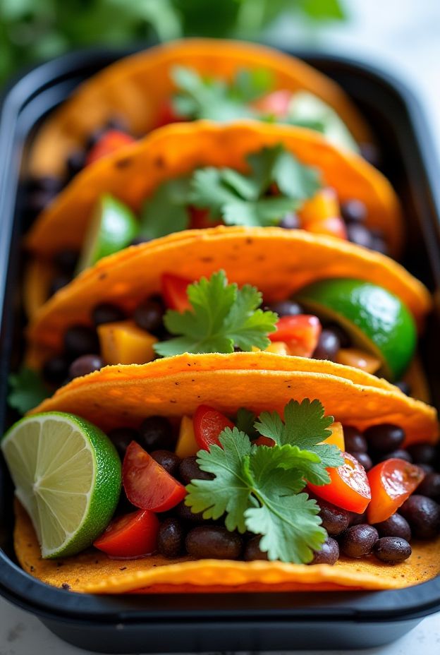 Vegan sweet potato tacos featuring roasted sweet potatoes and black beans, garnished with fresh tomatoes and cilantro.