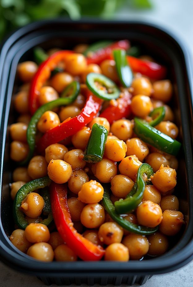 Quick and healthy veggie & chickpea stir-fry with bell peppers and onions.
