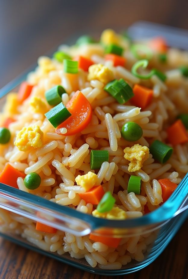 Colorful veggie fried rice with scrambled eggs, topped with green onions, a quick and nutritious meal.