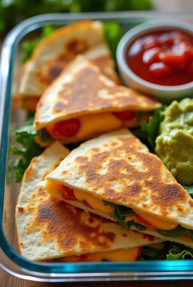 Vegetarian quesadilla meal box with cheese, fresh veggies, salsa and guacamole, perfect for meal prep.