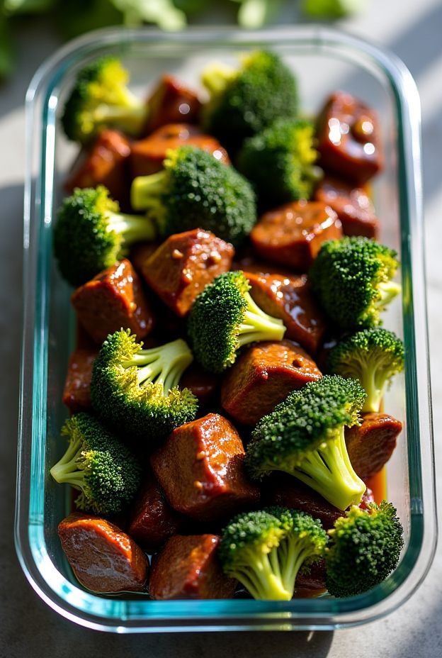 Whole30 Balsamic Beef and Broccoli recipe in a glass container, featuring beef cubes and broccoli with tangy marinade.