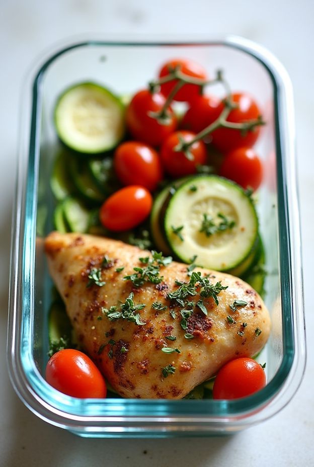 Healthy Whole30 Garlic Herb Chicken baked with zucchini and tomatoes, perfect for nutritious meal prep.