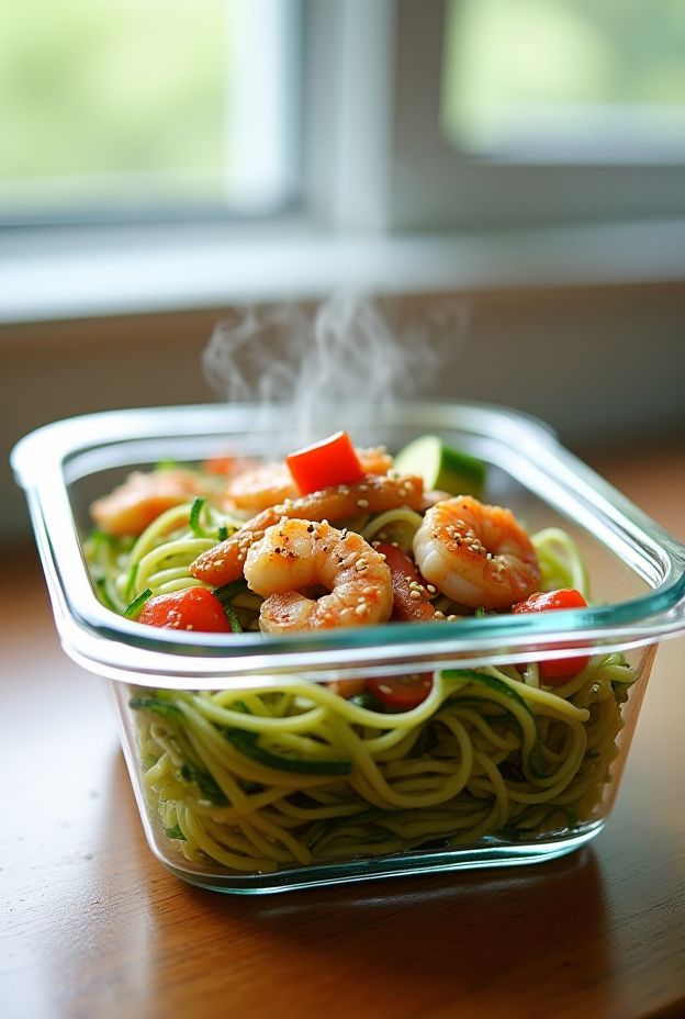 Zucchini noodle stir fry with garlic shrimp