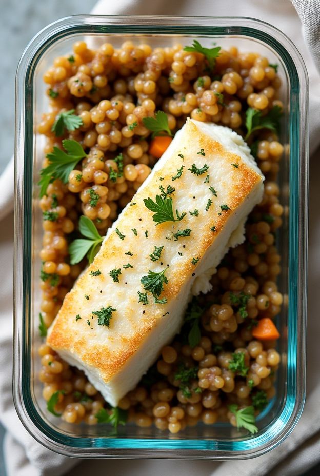 Baked cod fillet served with a flavorful lentil salad topped with parsley and lemon.