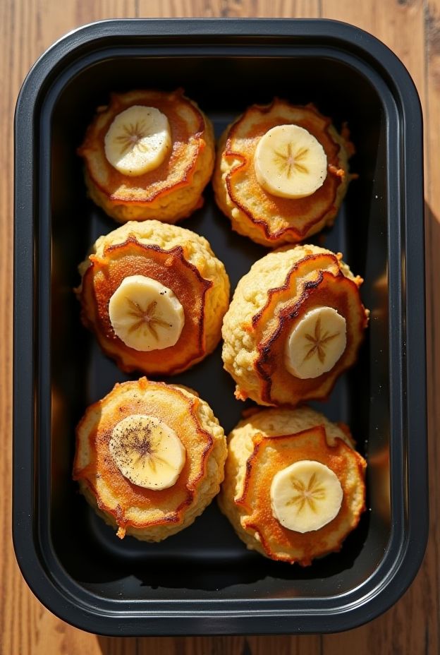 Bite-sized banana oat pancake bites baked to perfection, topped with banana slices and ready for a healthy meal prep.