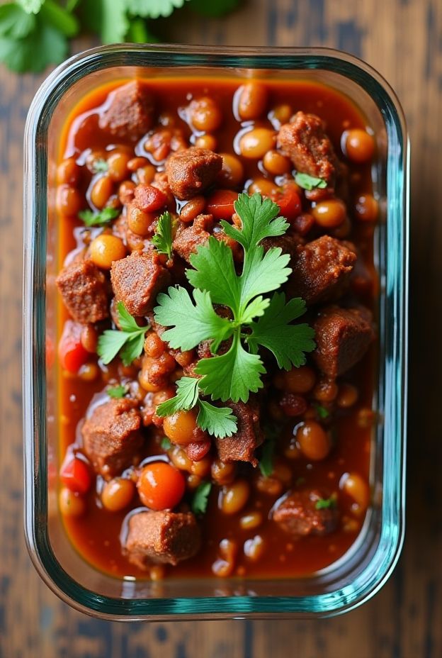 Protein-packed beef and lentil chili with fresh cilantro, perfect for meal prep and cozy dinners.