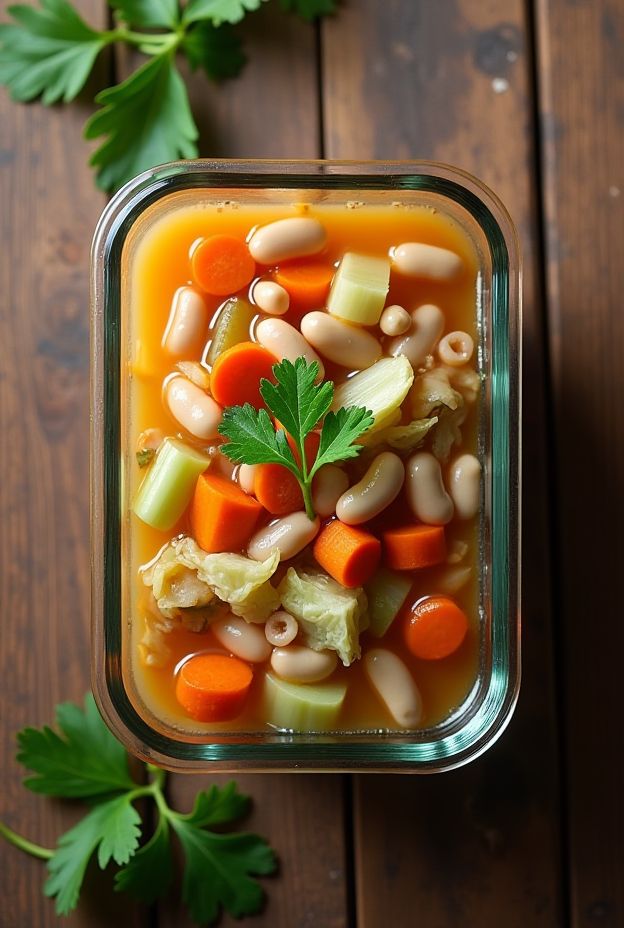 A bowl of hearty cabbage and bean soup with vibrant vegetables, perfect for healthy meals.