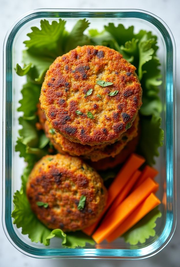 Wholesome carrot and lentil burgers served with greens and carrot sticks in a meal prep container.