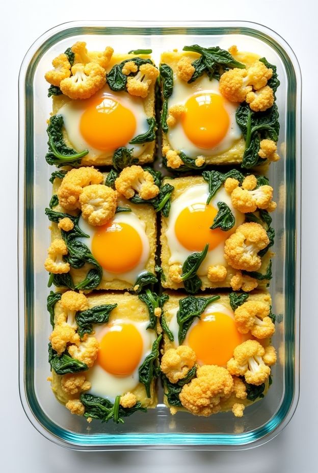 Fluffy baked eggs with spinach and cauliflower, perfect for nutritious meal prep.