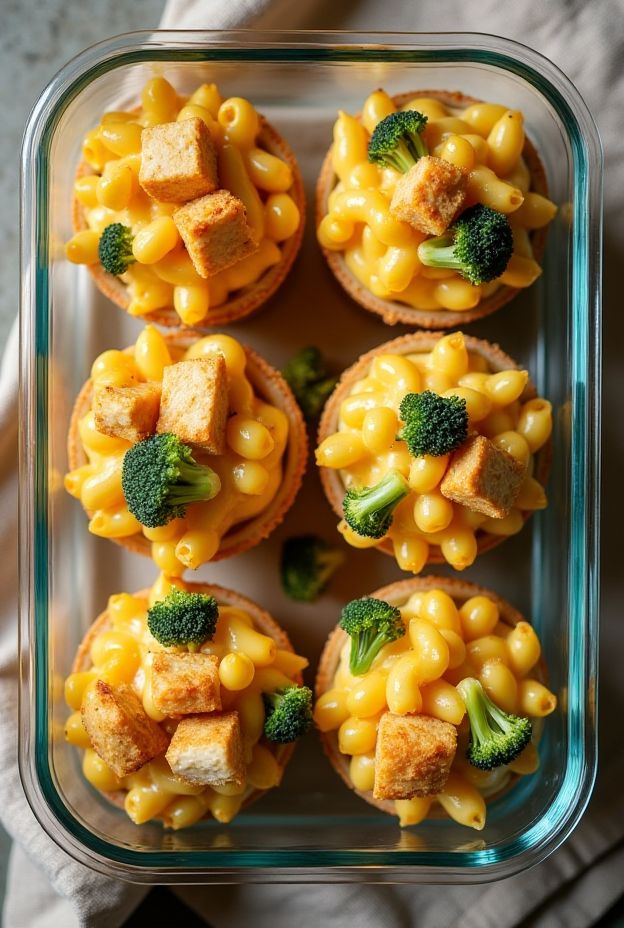 Baked Chicken & Broccoli Mac Cups served in a glass container, showcasing creamy macaroni with chicken and broccoli.