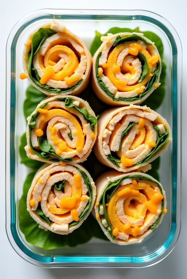 Colorful Chicken & Cheese Pinwheel Wraps filled with spinach, ideal for meal prep and healthy snacking.