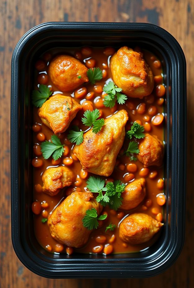 A flavorful chicken and lentil curry packed with protein, garnished with fresh cilantro, perfect for meal prep.